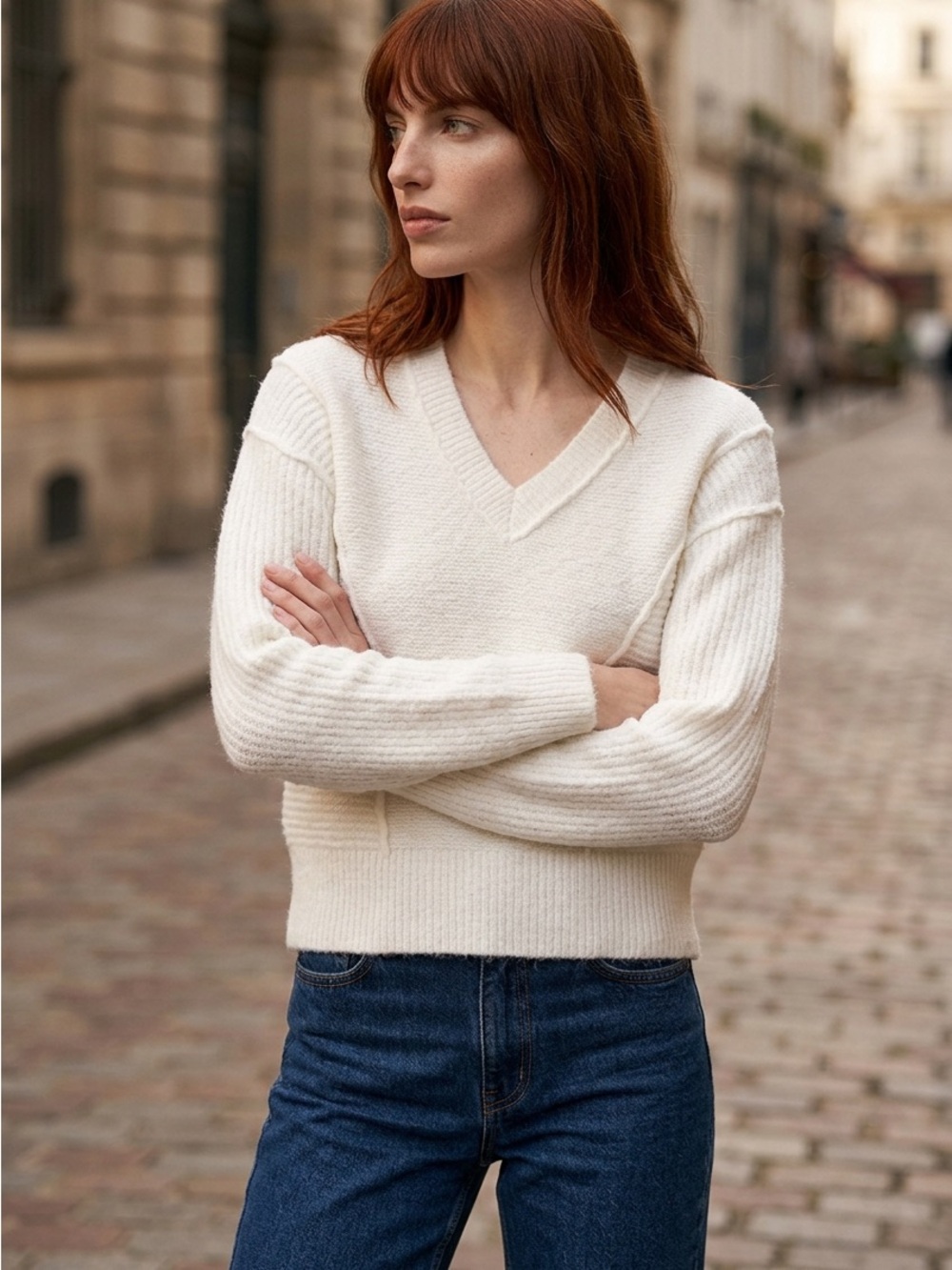 RD Style Cream V-Neck Pullover Sweater Ribbed Exposed Seam